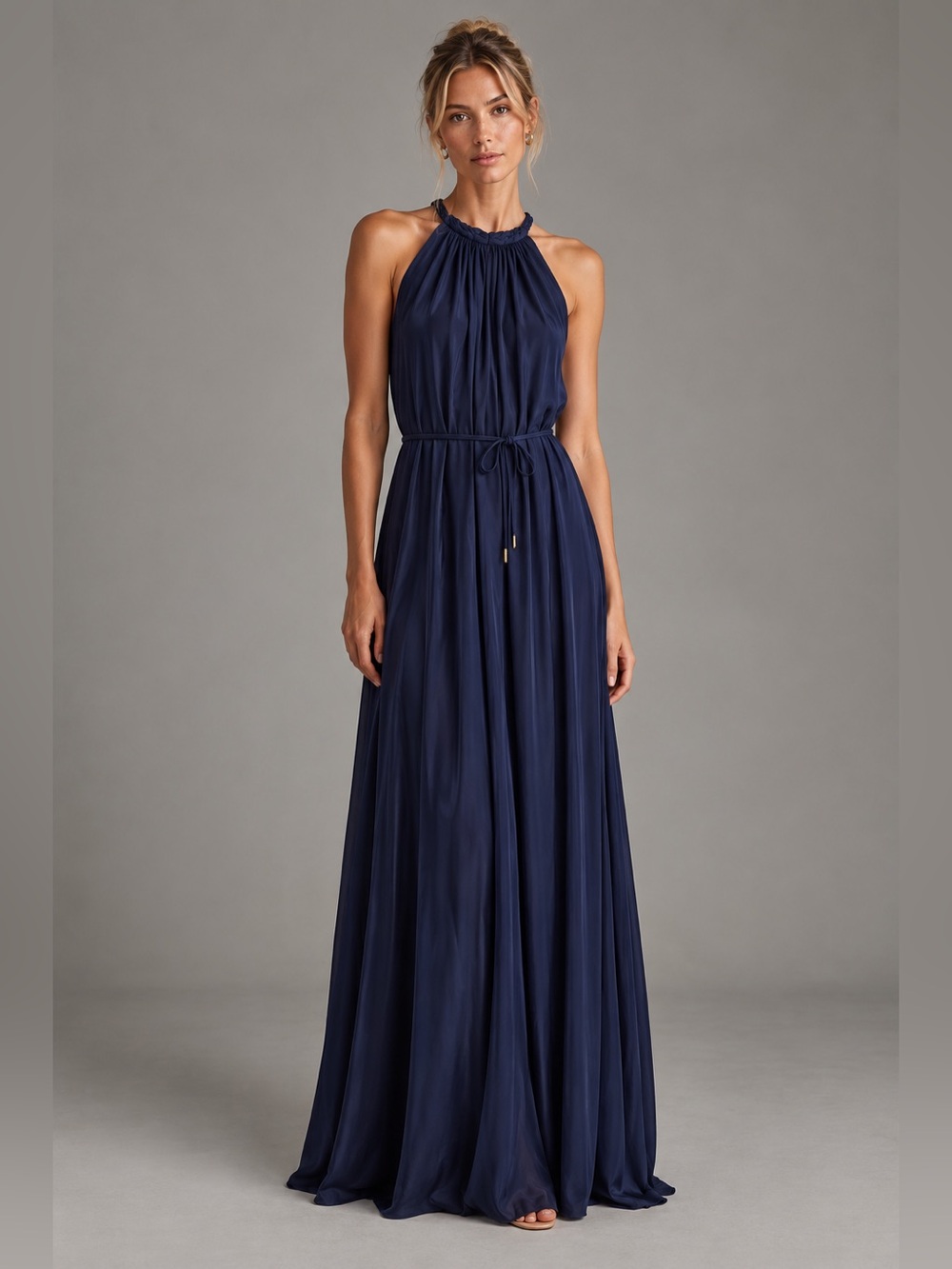 Navy Silk-Like A-line Halter Belted Maxi Dress